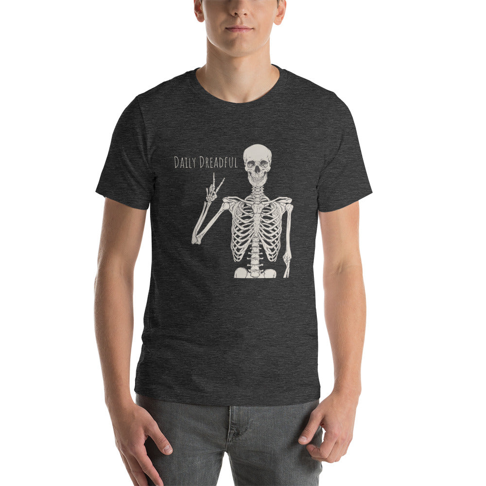 dark grey "Peace Out, Skelly" unisex T-shirt from Daily Dreadful