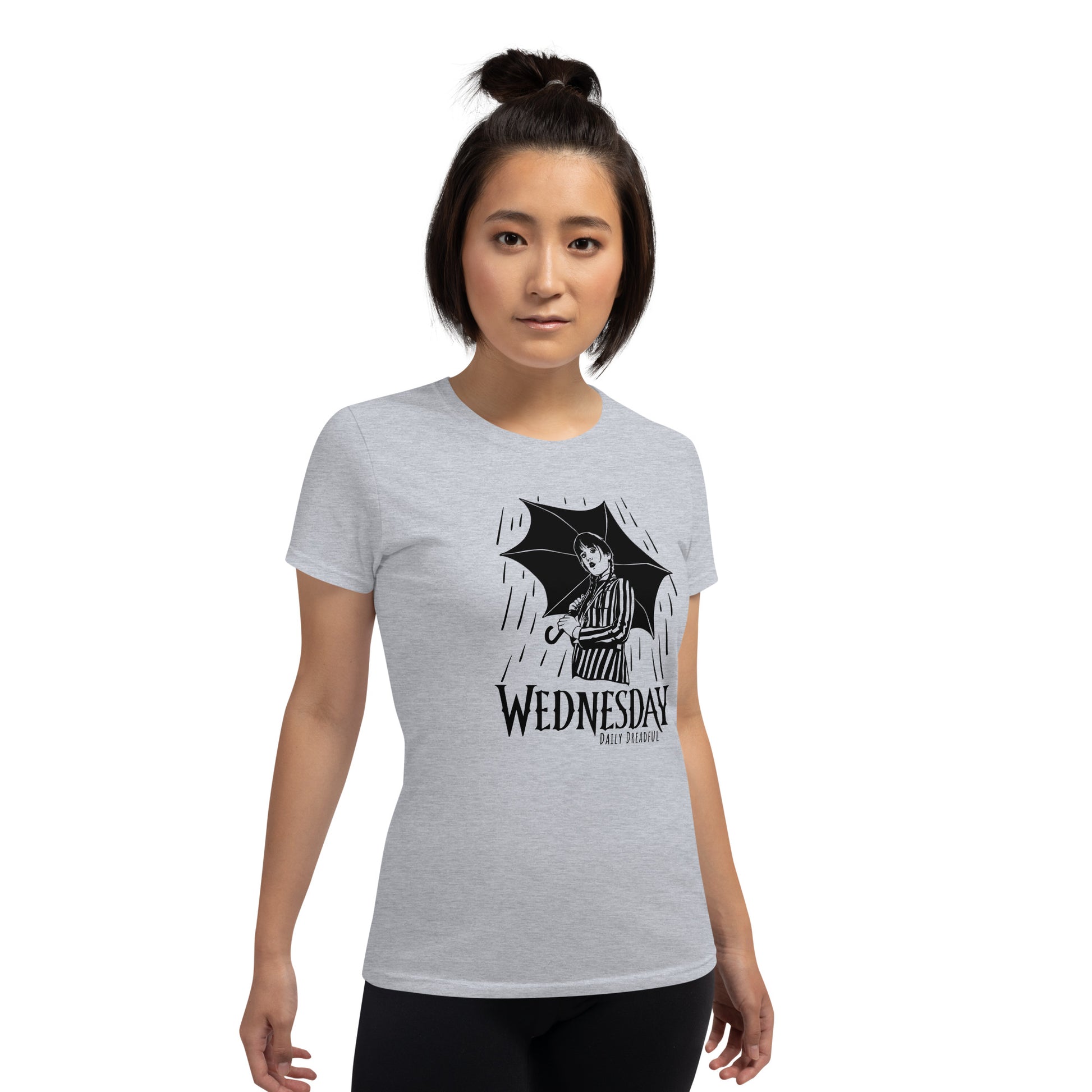 grey short sleeve shirt with Wednesday Addams holding an umbrella