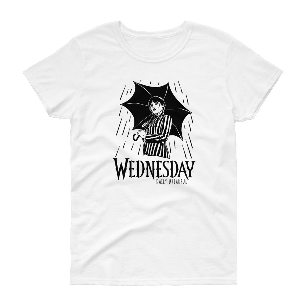 white short sleeve shirt with Wednesday Addams holding an umbrella